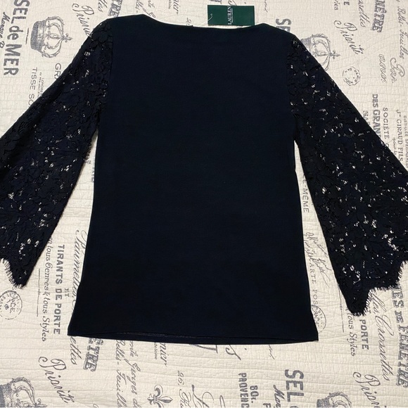 LAUREN RALPH LAUREN Womens Lace Bell Sleeve Blouse Top Medium Black NWT - Picture 1 of 9